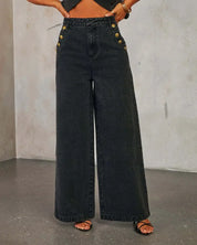 Adrienne Bellini | Denim Outfit Sæt med Figursyet Top og Wide-Leg Bukser