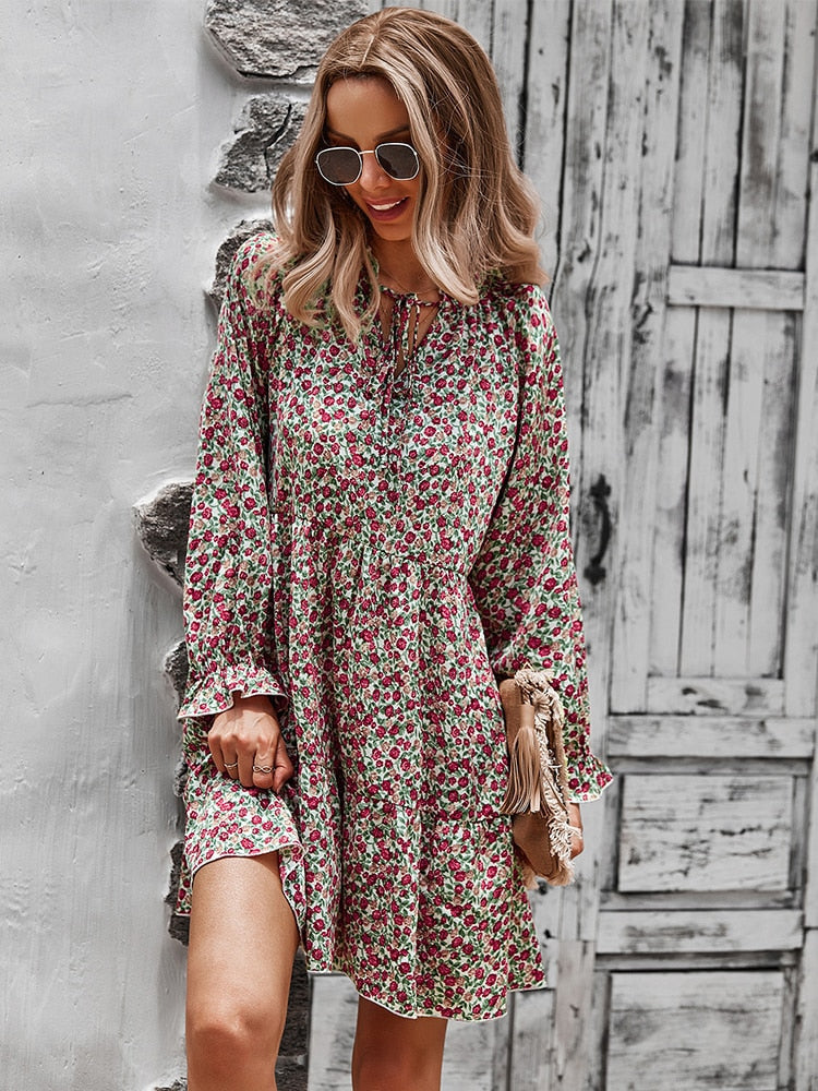 Aurélie Dubois | Maxi-boheme kjole med blomsterprint og lange ærmer