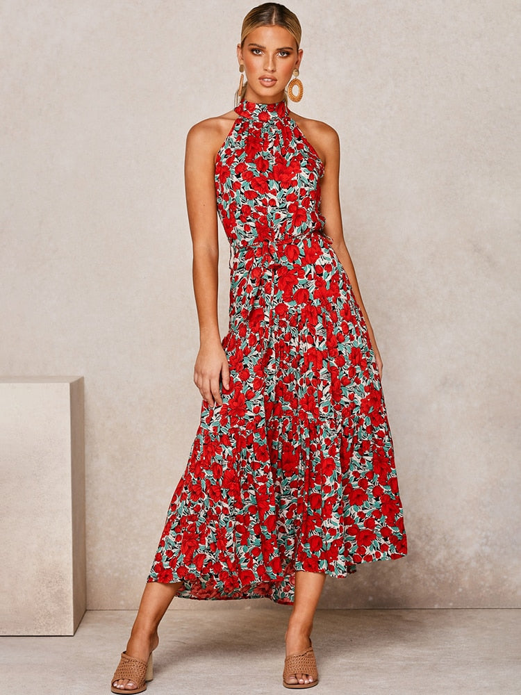 Valentina Rousseau | Maxi-kjole med rødt blomsterprint og elegant halterneck