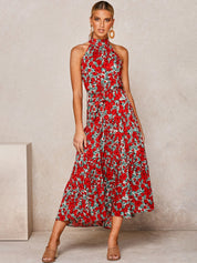 Valentina Rousseau | Maxi-kjole med rødt blomsterprint og elegant halterneck