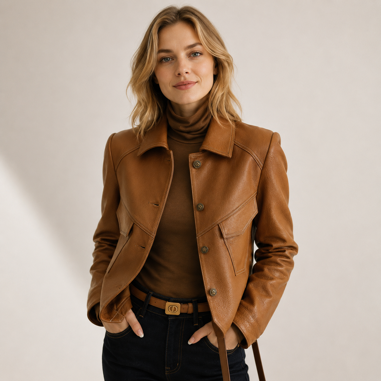 Sara Pedersen | Cognac brown leather jacket with belt collar