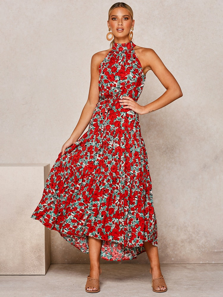 Valentina Rousseau | Maxi-kjole med rødt blomsterprint og elegant halterneck
