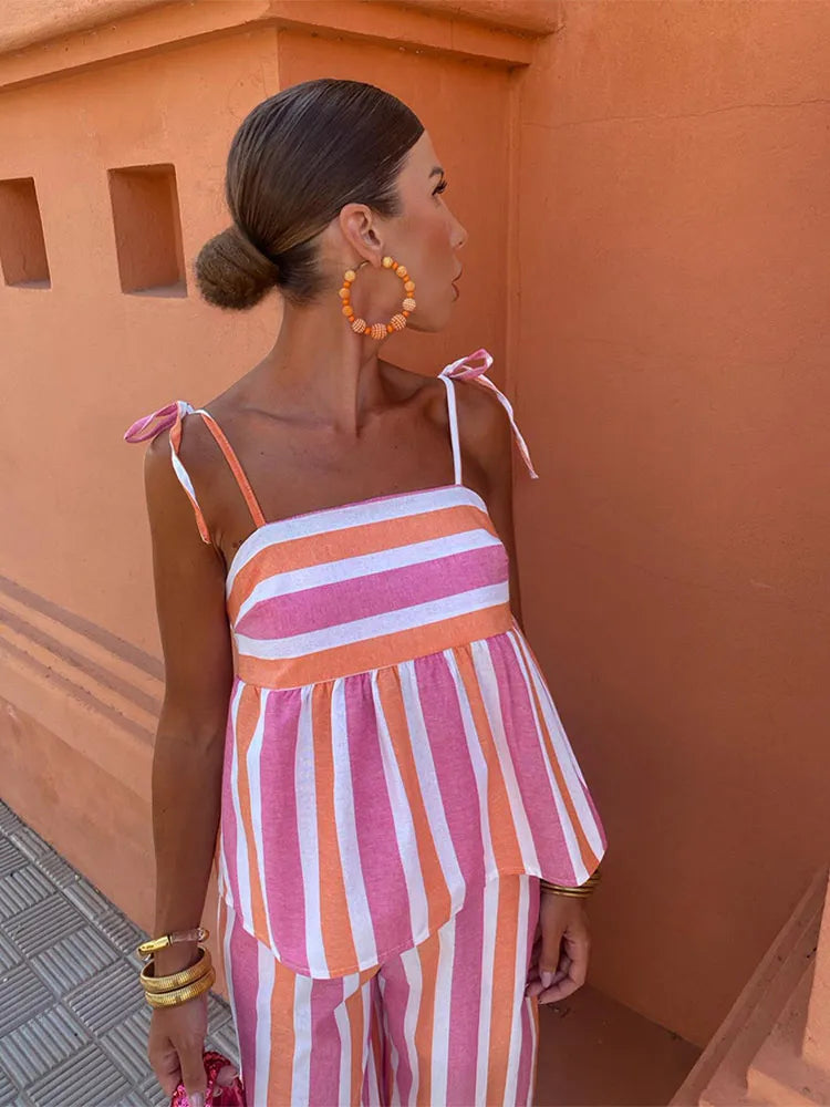 Amélie Santorini | Stribet sommer-hosensæt i blå og hvid til kvinder