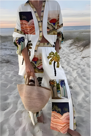 Francesca Bellamy | Strand-Kimono-Sæt i hvid med tropiske prints