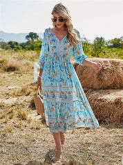 Antonia Rosewood | Midi-Bohemekjole med Blomsterprint og 3/4-Ærmer
