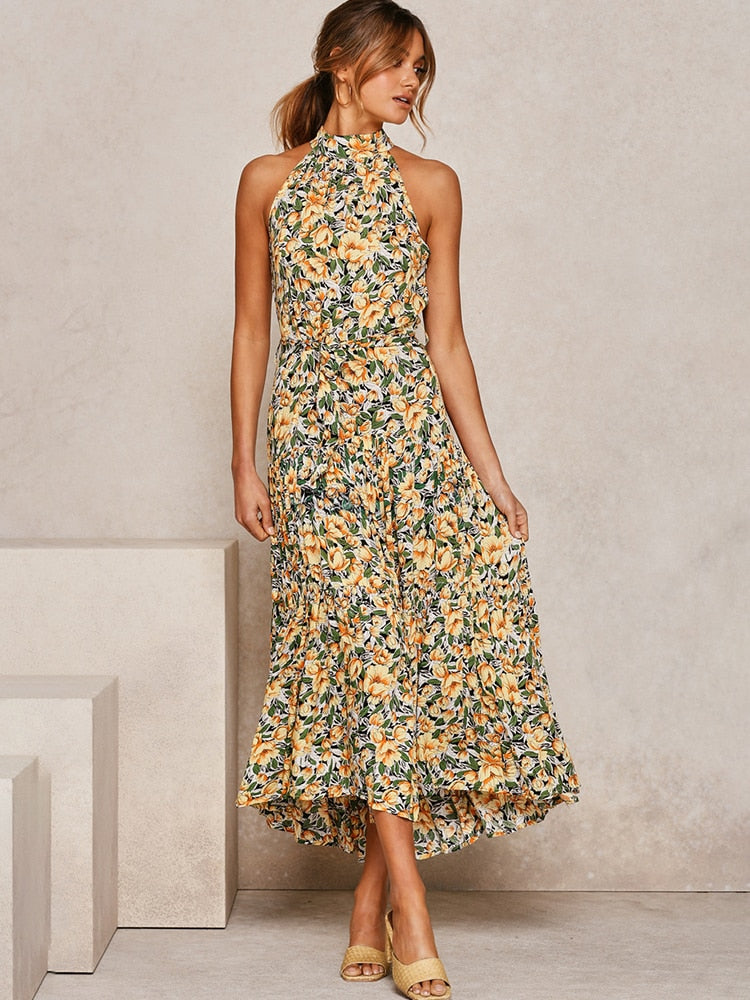 Livia Santorini | Maxi-sommerkjole med blomsterprint og halterneck