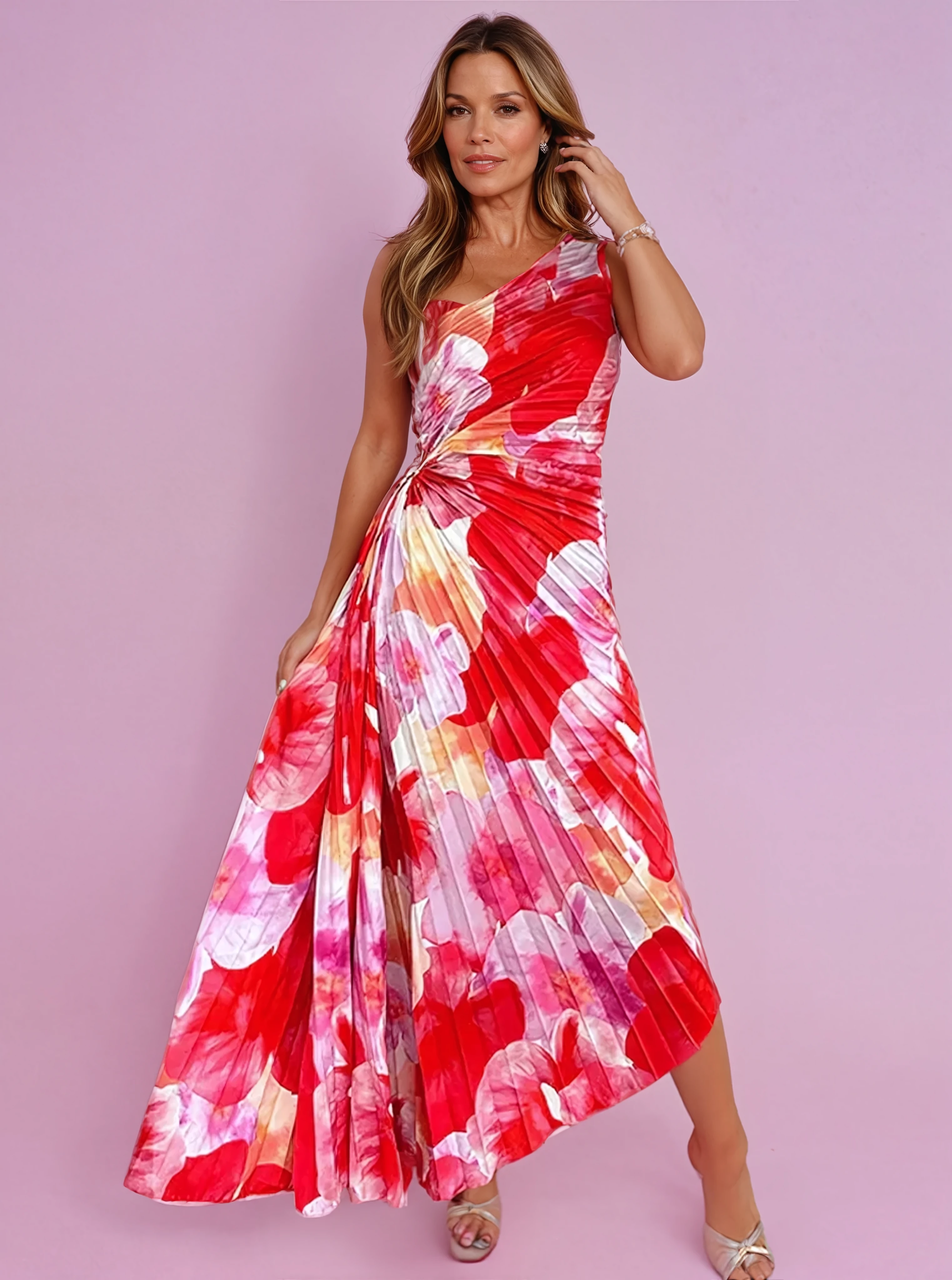 Alessandra Valenti | Midi-Kjole med Asymmetrisk One-Shoulder og Blomsterprint