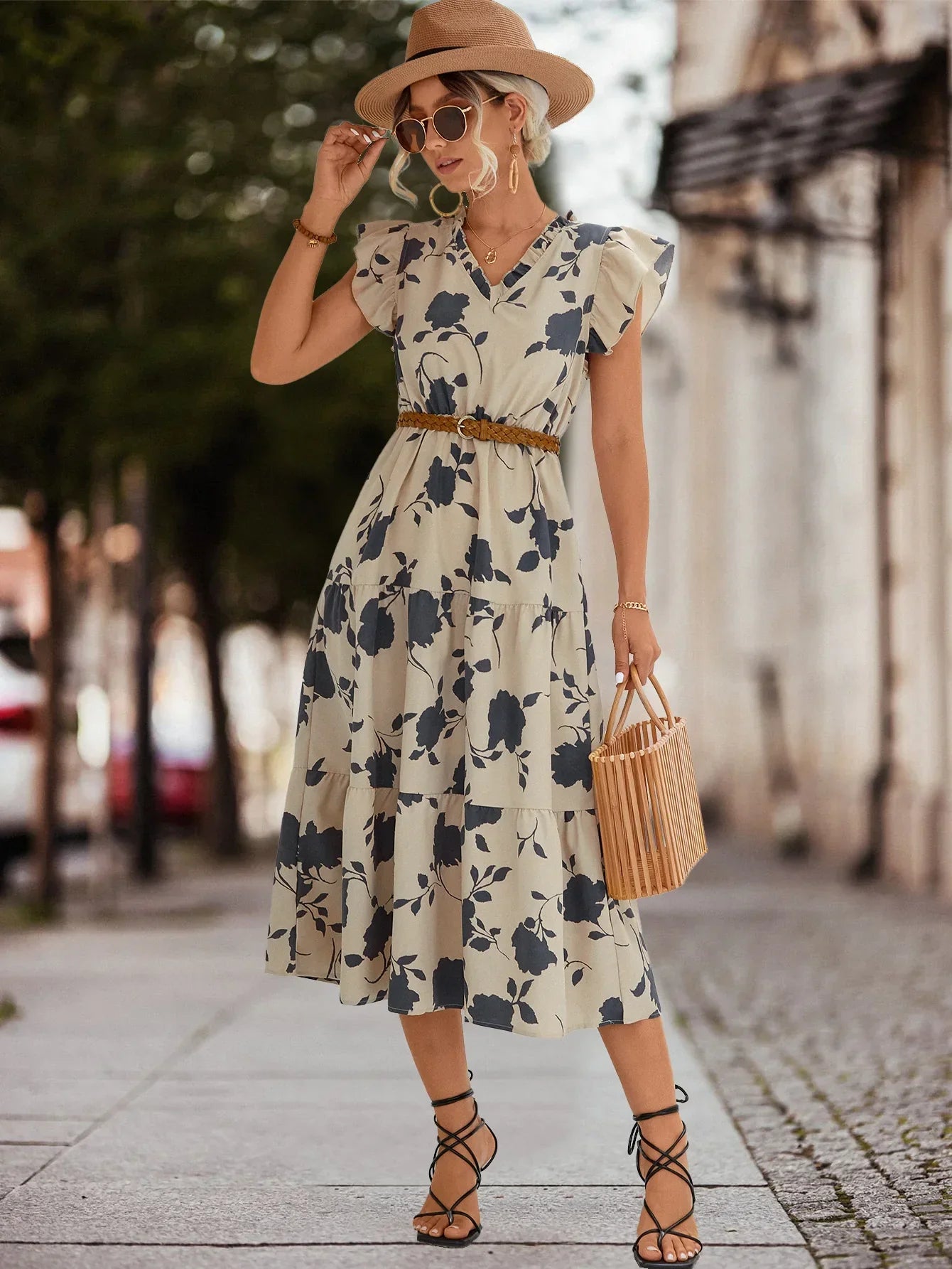 Rosanna Delacroix | Midi-sommerkjole med blomsterprint og flæseærmer