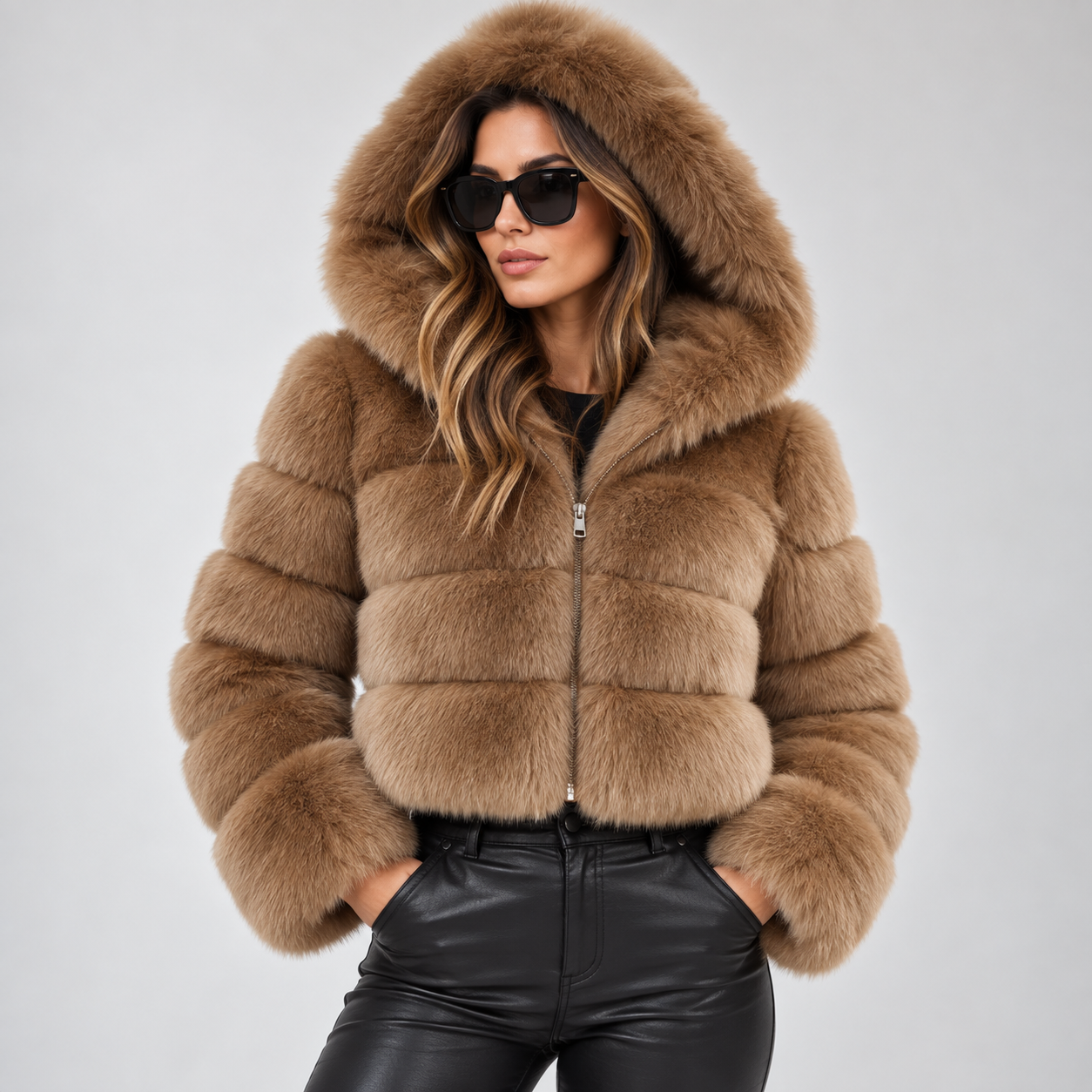 Signe Dahl | Kort hooded faux fur-jakke til kvinder