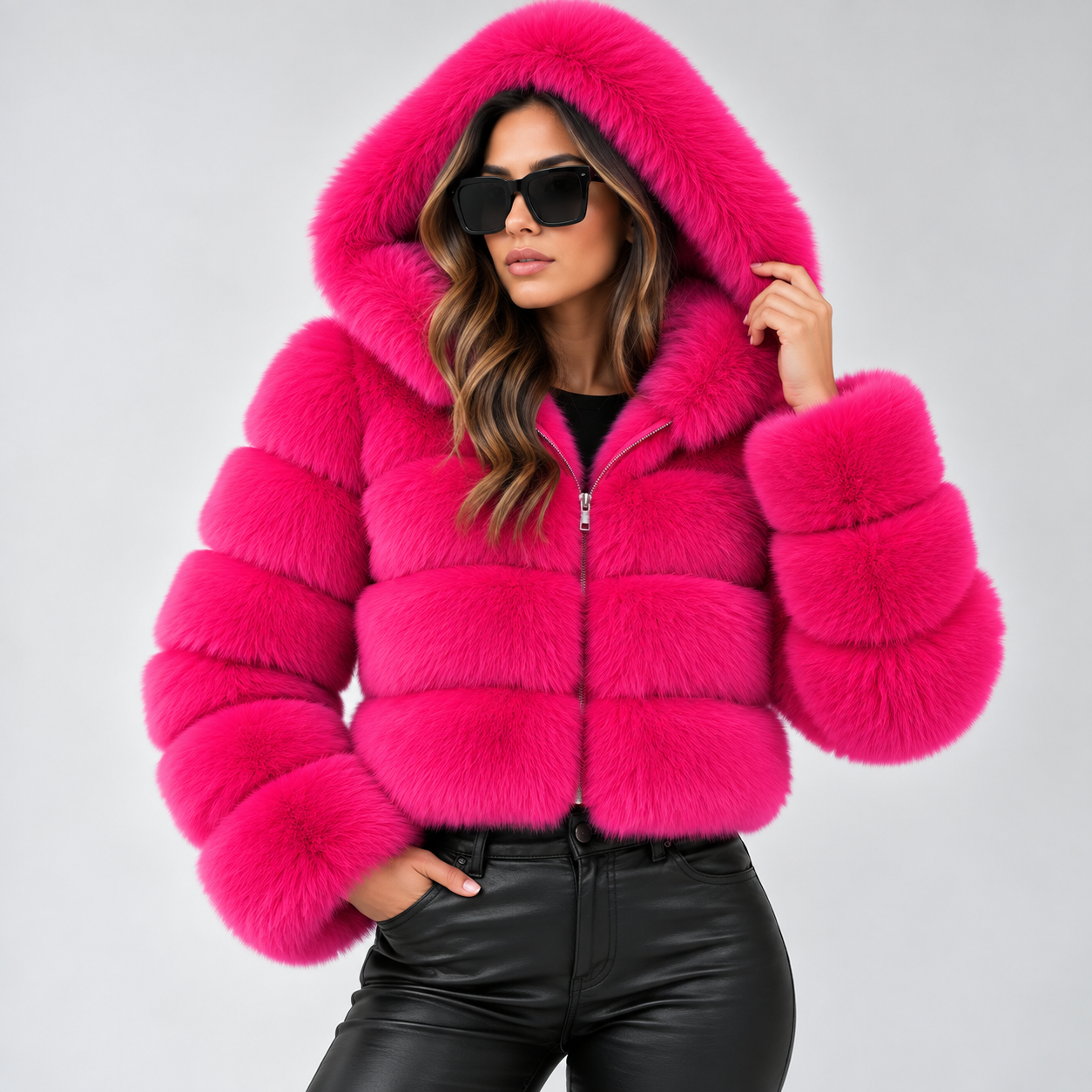 Signe Dahl | Kort hooded faux fur-jakke til kvinder