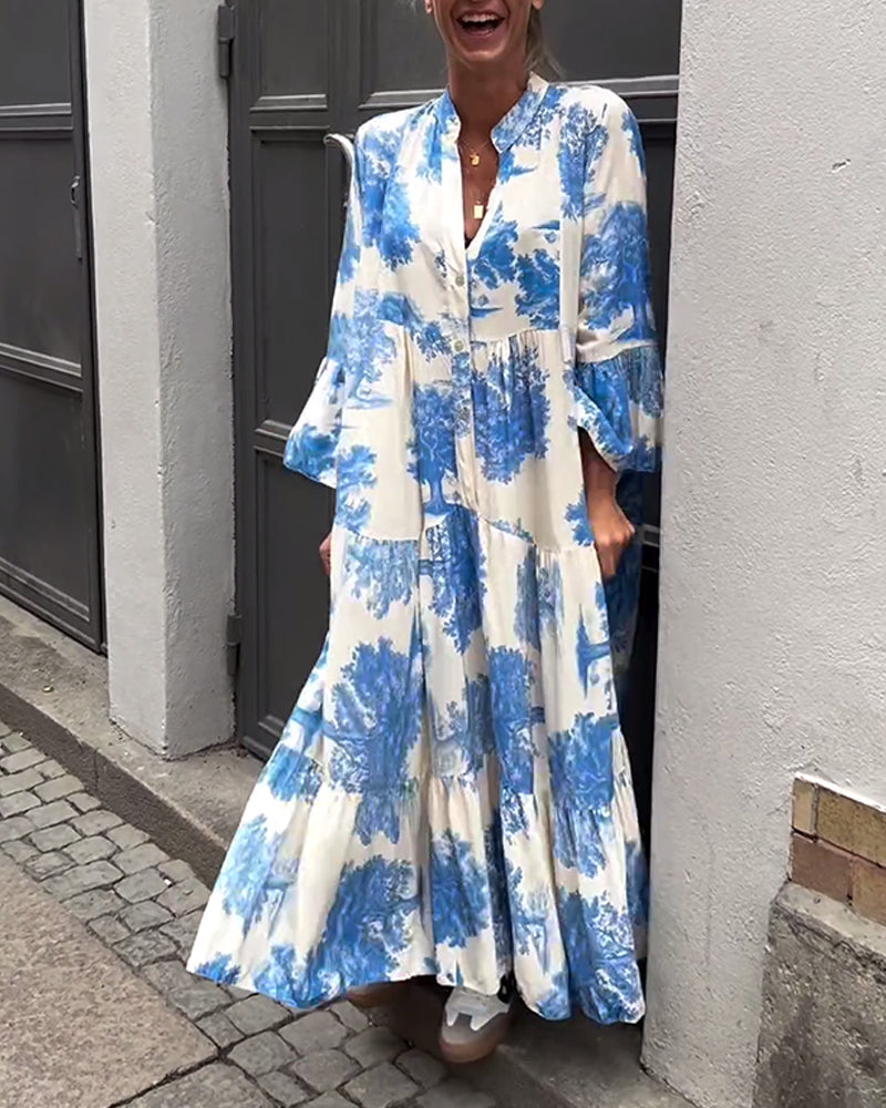 Carlotta Sinclair | Maxi-skjortekjole med naturprint og flæseærmer