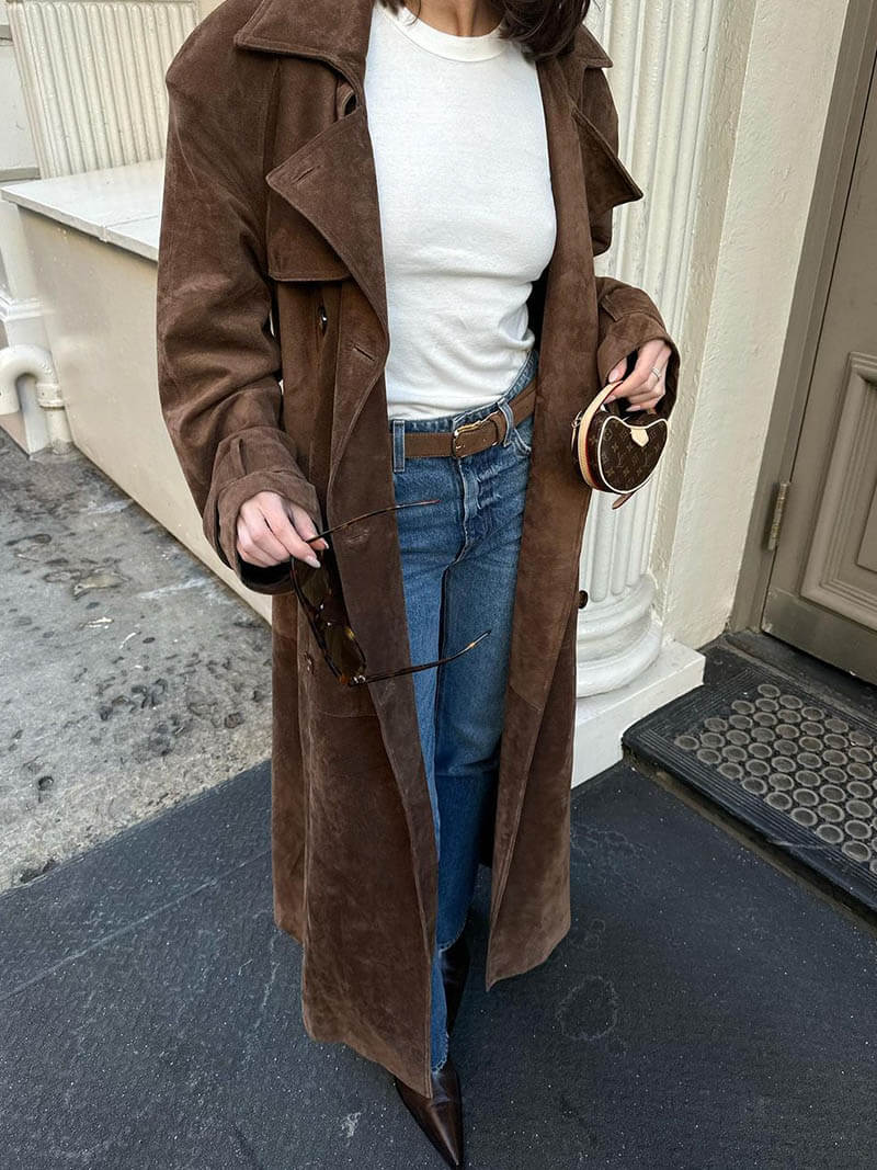 Ariella Fontaine | Faux Suede Trenchcoat i Varm Brun