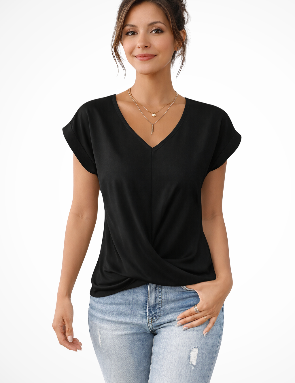 Elina Vanthorpe | Kortærmet bluse med V-hals og draped front til kvinder