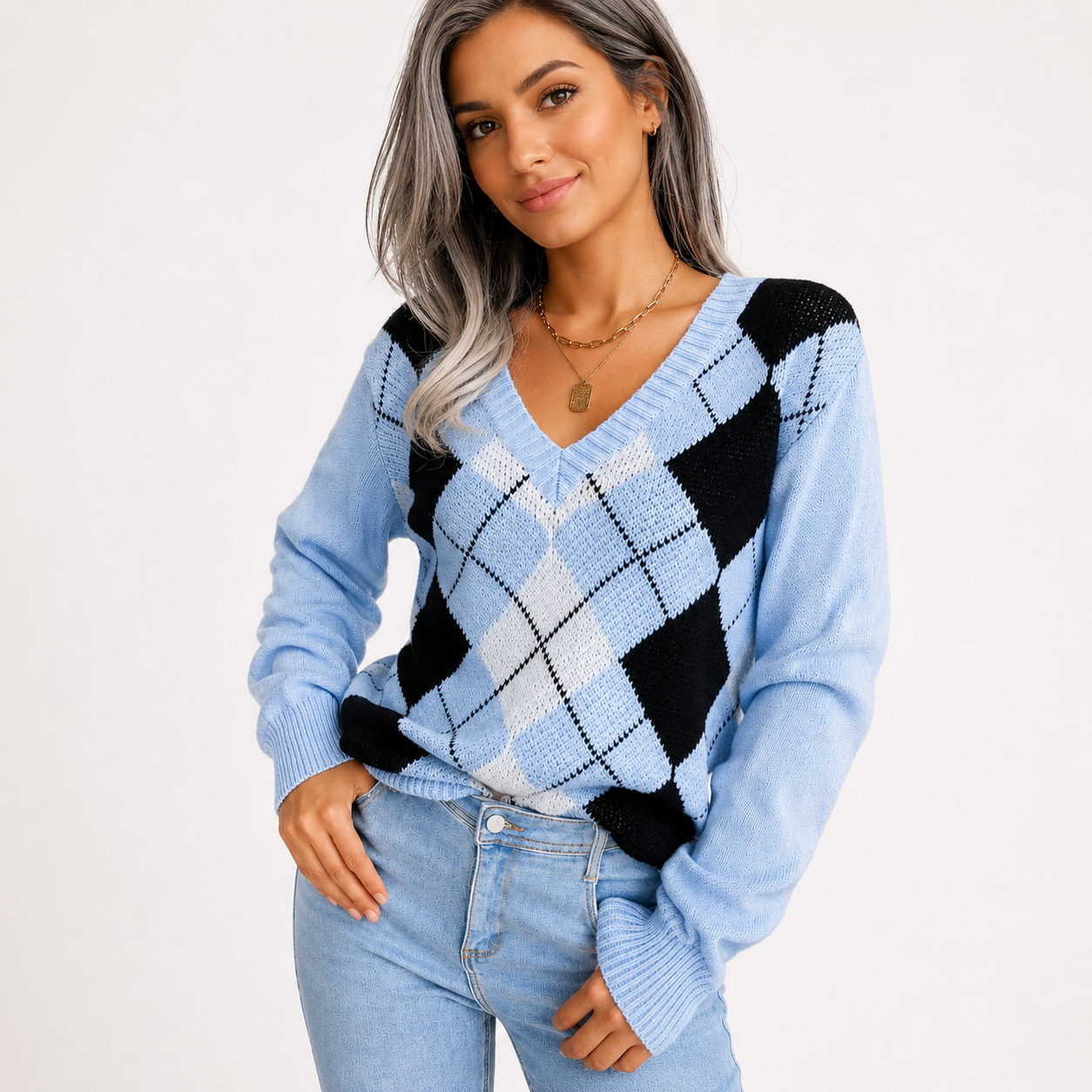 Stine Andersen | Karierter Strickpullover mit V-Ausschnitt
