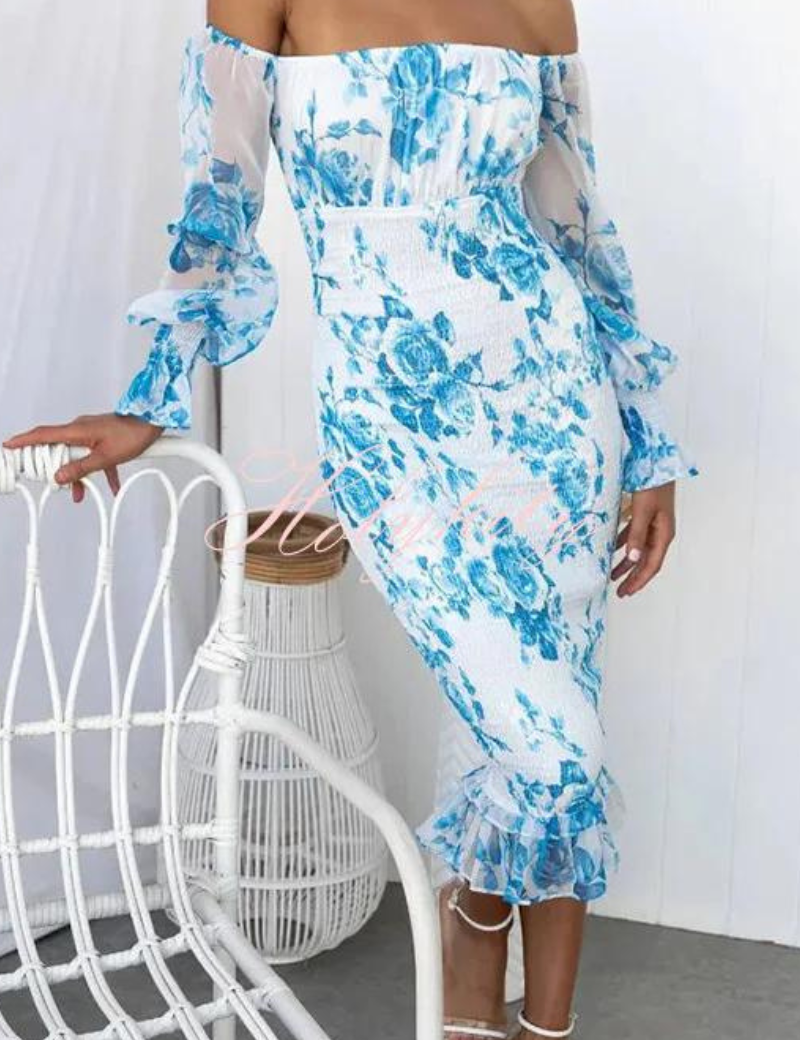 Margaux Florentin | Midi-kjole med blomsterprint og off-shoulder detalje til kvinder