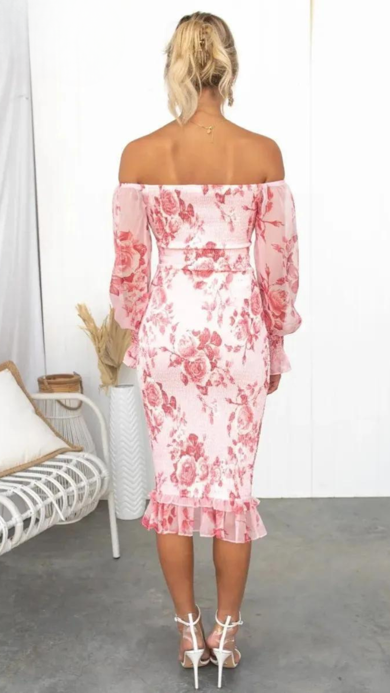 Margaux Florentin | Midi-kjole med blomsterprint og off-shoulder detalje til kvinder