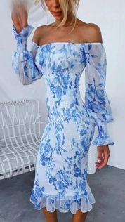 Margaux Florentin | Midi-kjole med blomsterprint og off-shoulder detalje til kvinder