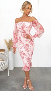 Margaux Florentin | Midi-kjole med blomsterprint og off-shoulder detalje til kvinder