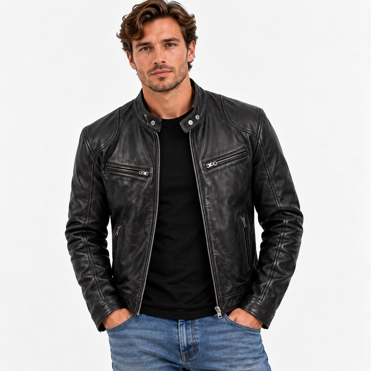 Casper Mogensen | Bikerjakke i Læderlook med Quiltede Detaljer til Herre