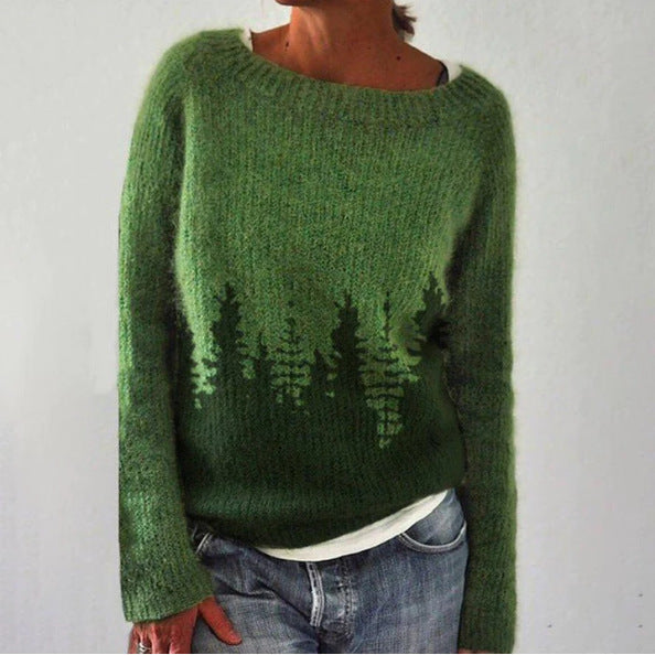 Malene Vinther | Blauer Strickpullover mit Waldmotiv für Damen