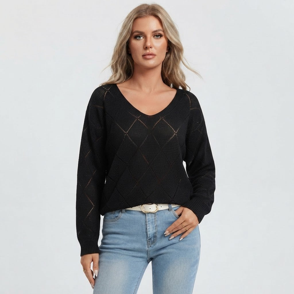 Alberte Skovgaard | Langærmet Hulmønster Sweater med V-hals