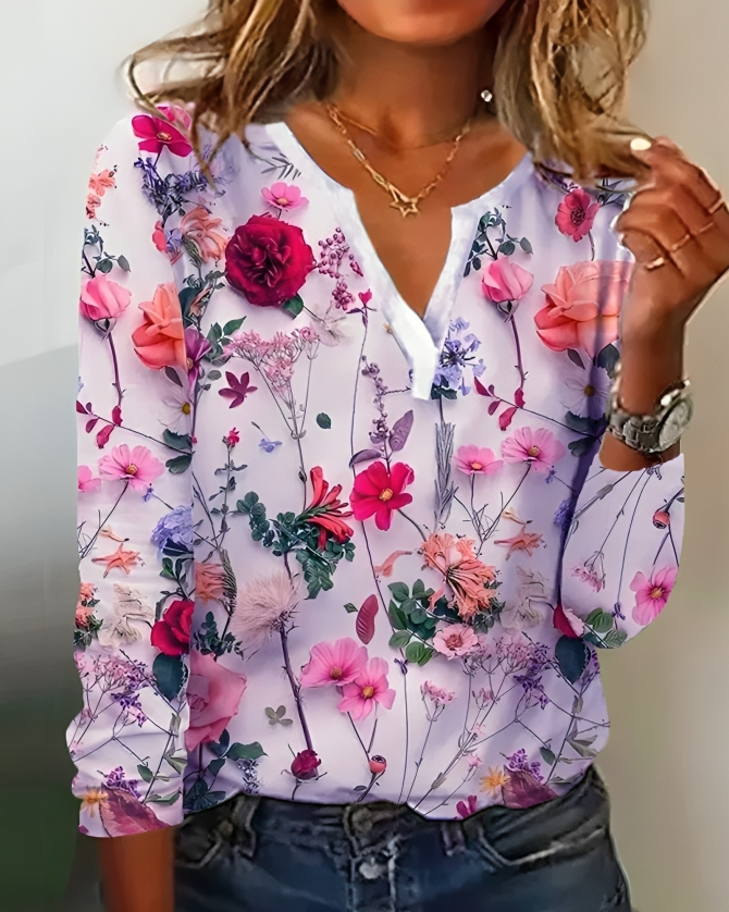 Rosanna Bellini | Blomsterprintet bluse med V-udskæring og lange ærmer
