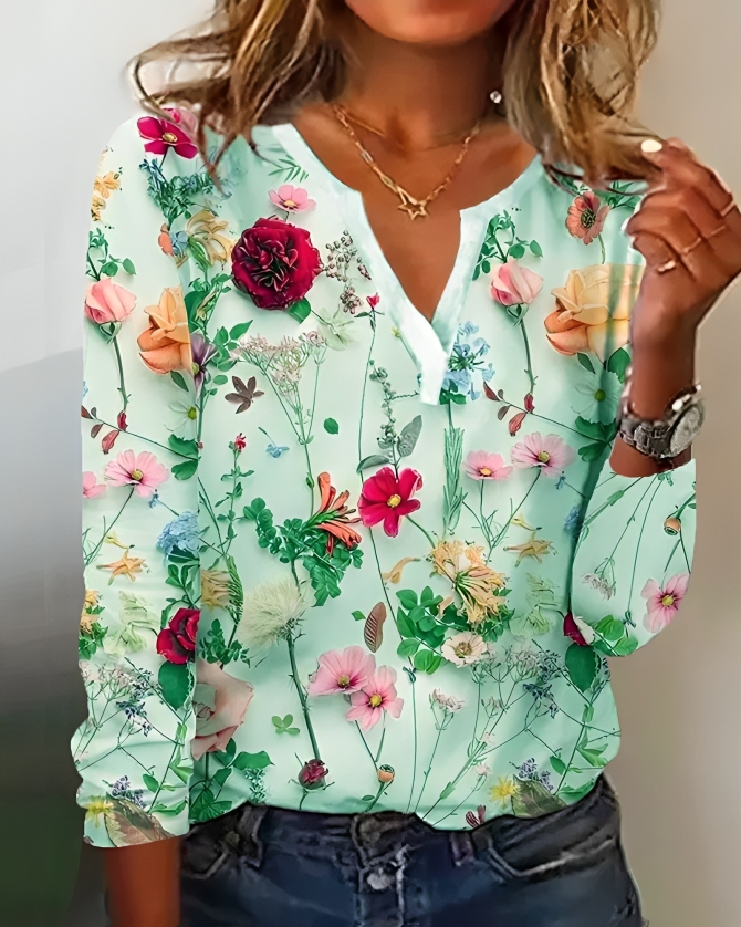Rosanna Bellini | Blomsterprintet bluse med V-udskæring og lange ærmer
