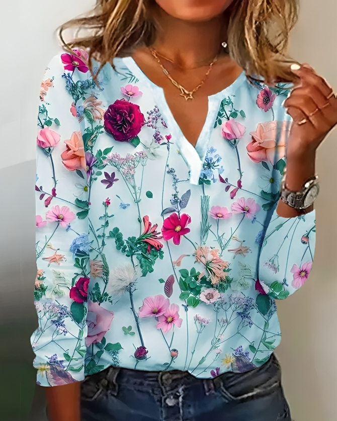 Rosanna Bellini | Blomsterprintet bluse med V-udskæring og lange ærmer