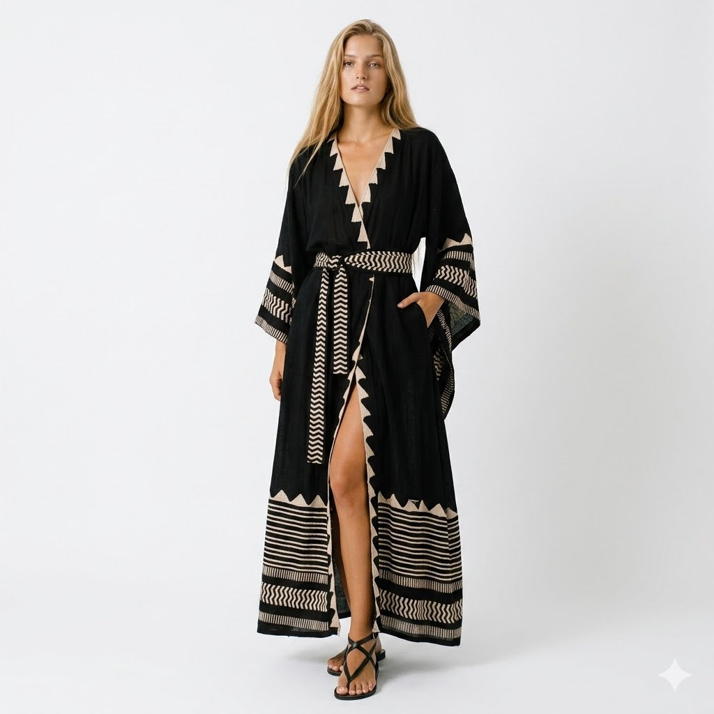 Margherita Navarro | Etnisk Kaftan i Midi-længde med Geometrisk Print