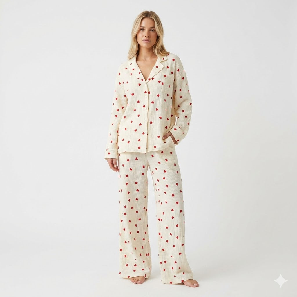 Valerie Hartley | Hjemmekompakt pyjamasæt i hvidt med røde hjerter