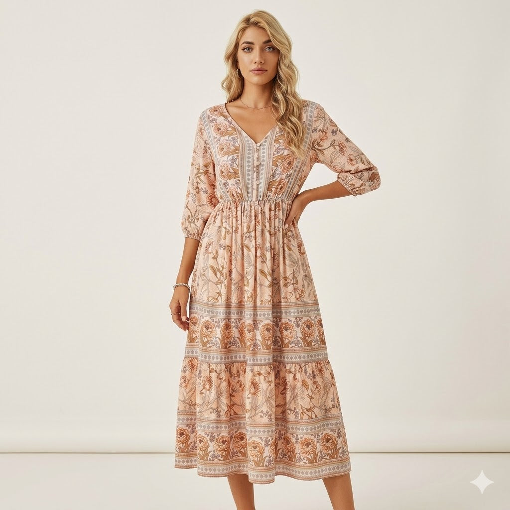 Antonia Rosewood | Midi-Bohemekjole med Blomsterprint og 3/4-Ærmer