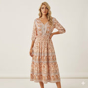 Antonia Rosewood | Midi-Bohemekjole med Blomsterprint og 3/4-Ærmer