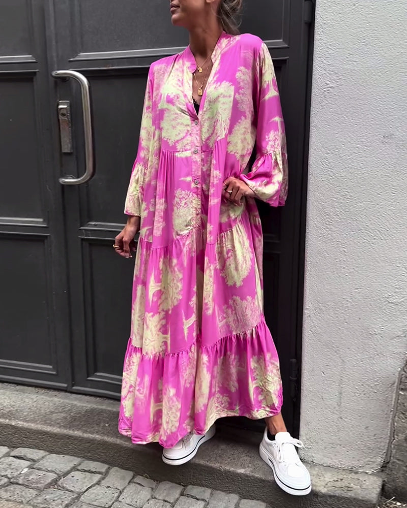 Carlotta Sinclair | Maxi-skjortekjole med naturprint og flæseærmer
