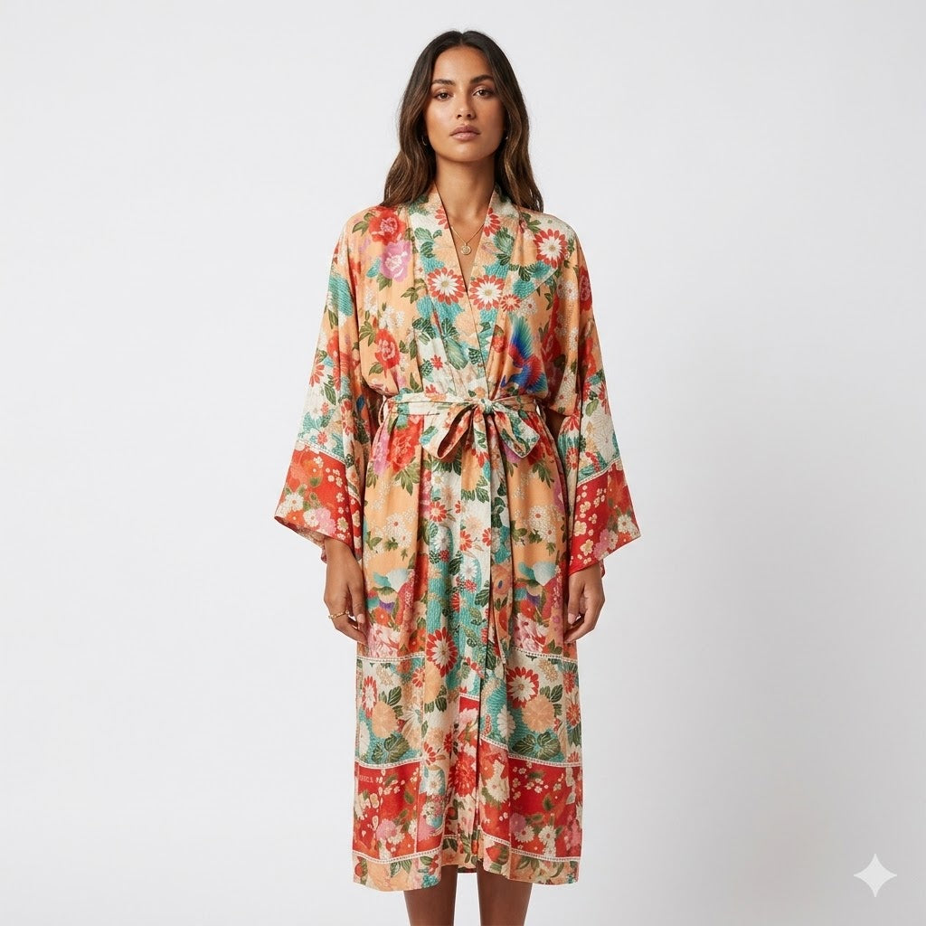 Amélia Sanderson | Boho-kimono i midi-længde med blomsterprint og bindebælte