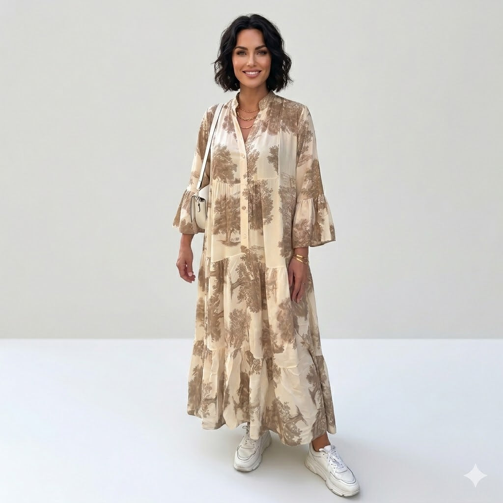 Carlotta Sinclair | Maxi-skjortekjole med naturprint og flæseærmer