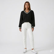 Ophelia Sinclair | Kabelstrik V-hals Pullover med Striber