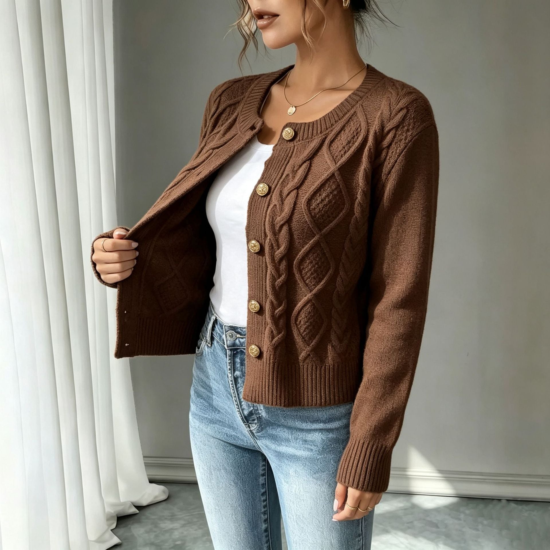 Katja Dam | Tmavě modrý kardigan s knoflíky a copánkovým úpletem