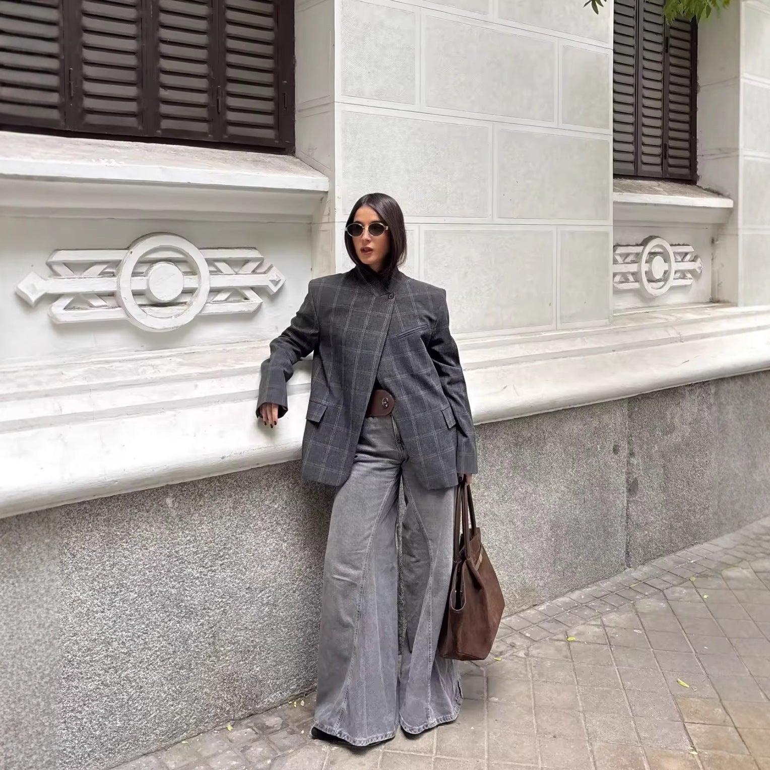 Lotte Petersen | Oversized Blazer i Grå Ternet Mønster