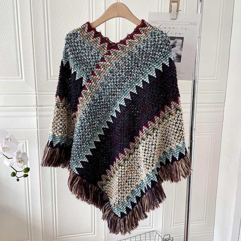 Eva Kirkegaard | Ethnischer Poncho-Schal mit Fransen für Damen