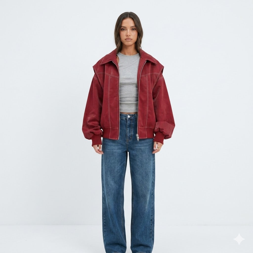 Rosita Morello | Oversize Bomber Jakke med Kontrastsyninger og Lynlås