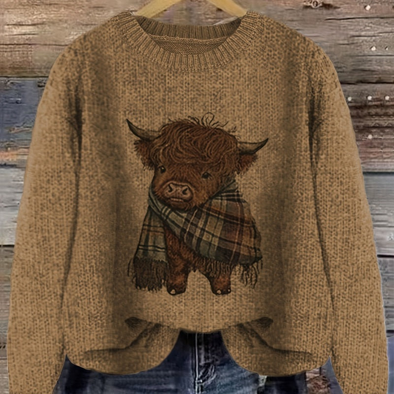 Gry Ottesen | Grov-strikket Sweater med Highland Ko-motiv