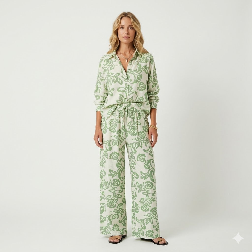 Leonora Benedetti | Botanisk linen-sæt med blouse og vide bukser