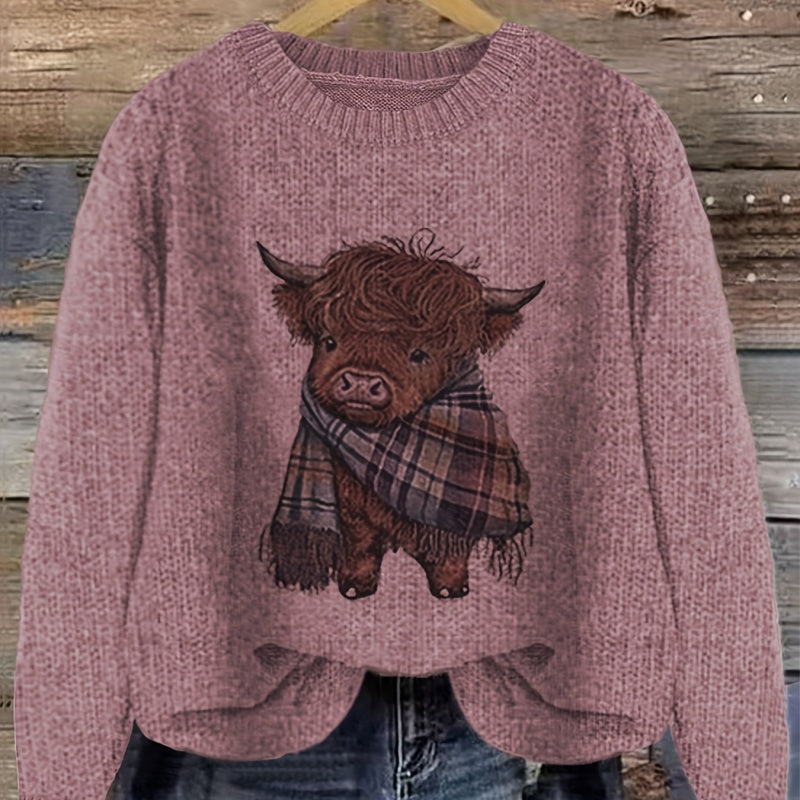 Gry Ottesen | Grov-strikket Sweater med Highland Ko-motiv