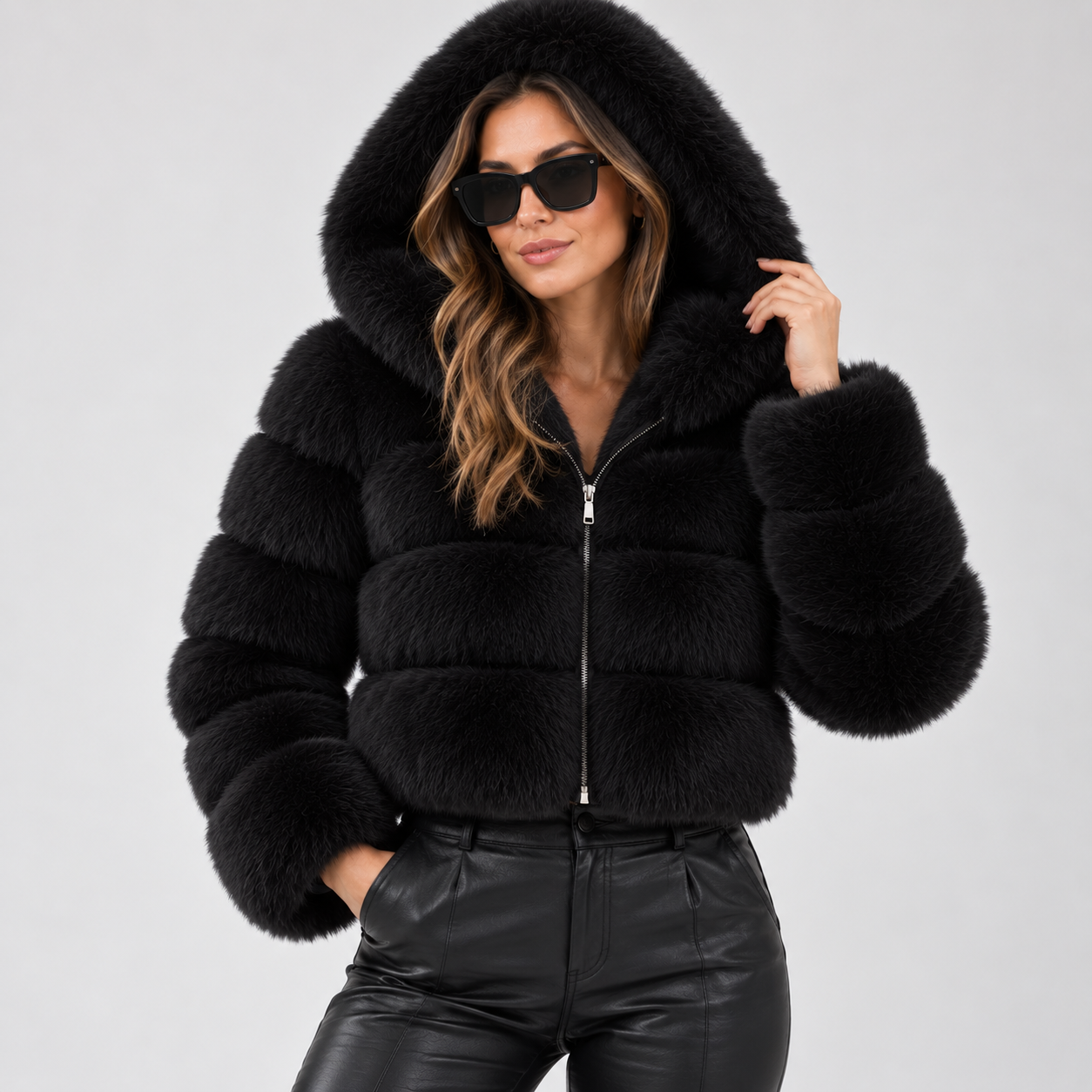 Signe Dahl | Kort hooded faux fur-jakke til kvinder