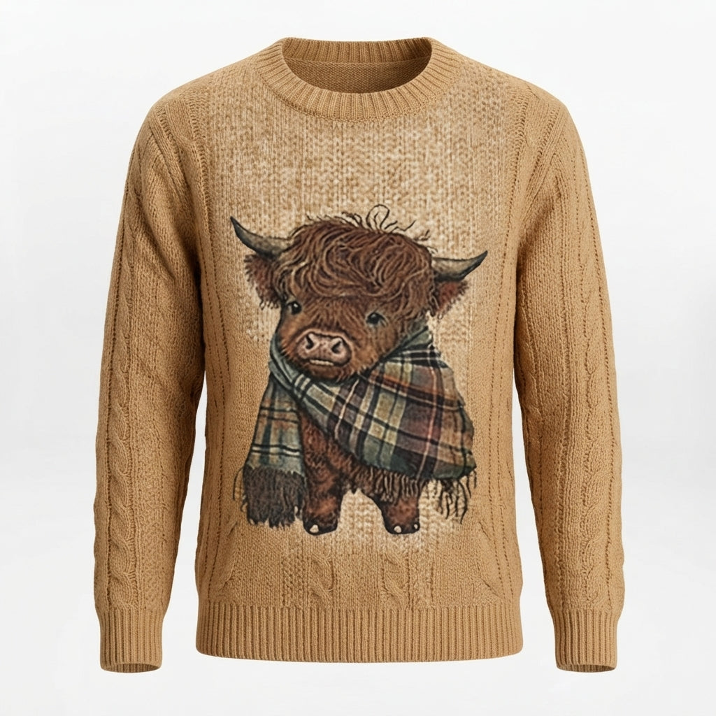 Gry Ottesen | Grov-strikket Sweater med Highland Ko-motiv
