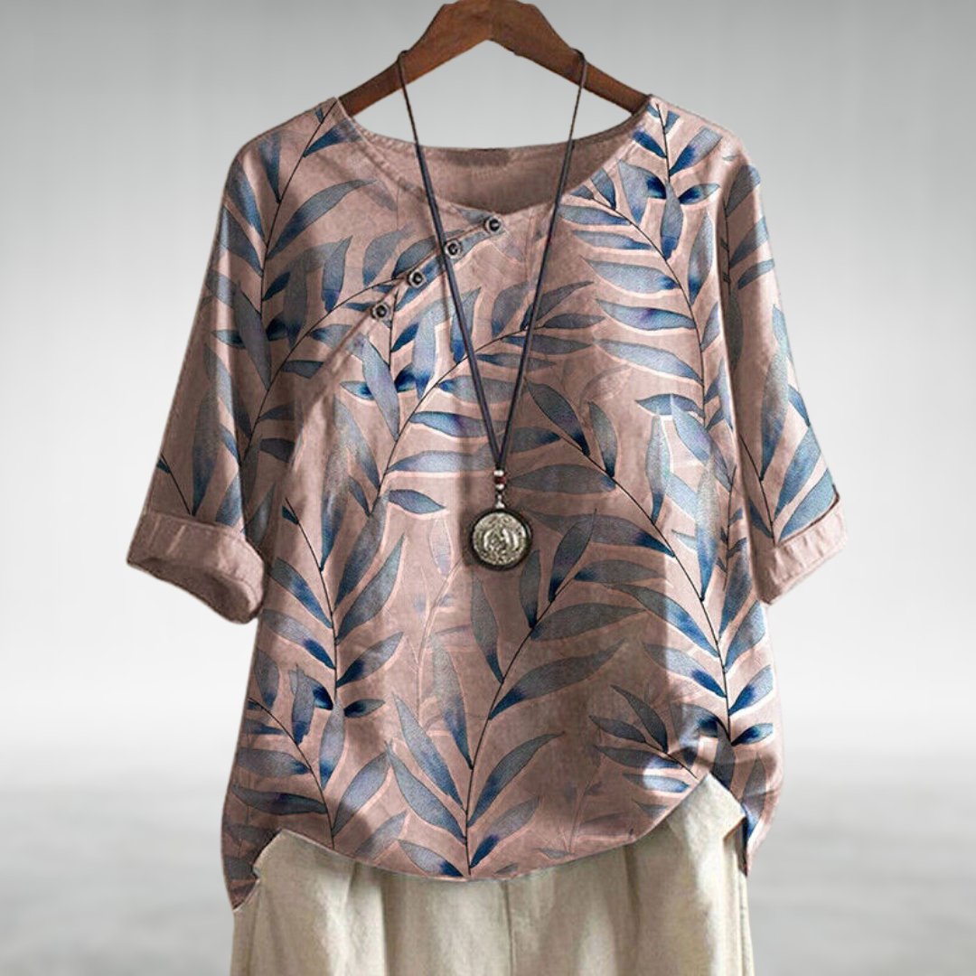Marlena Ashford | Stilfuld Sommertop med Blad-Print og Bomuldsblanding
