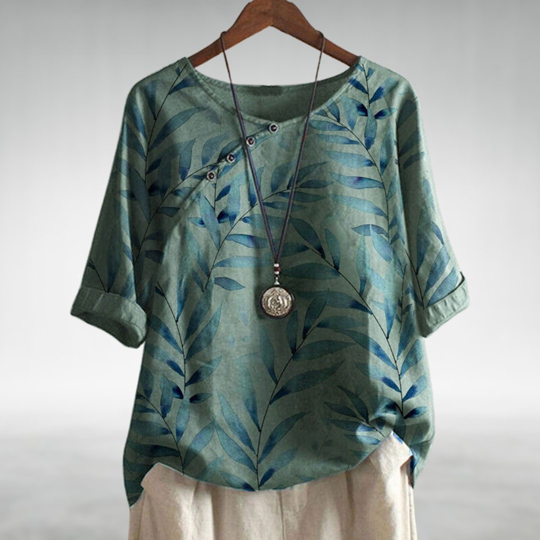 Marlena Ashford | Stilfuld Sommertop med Blad-Print og Bomuldsblanding