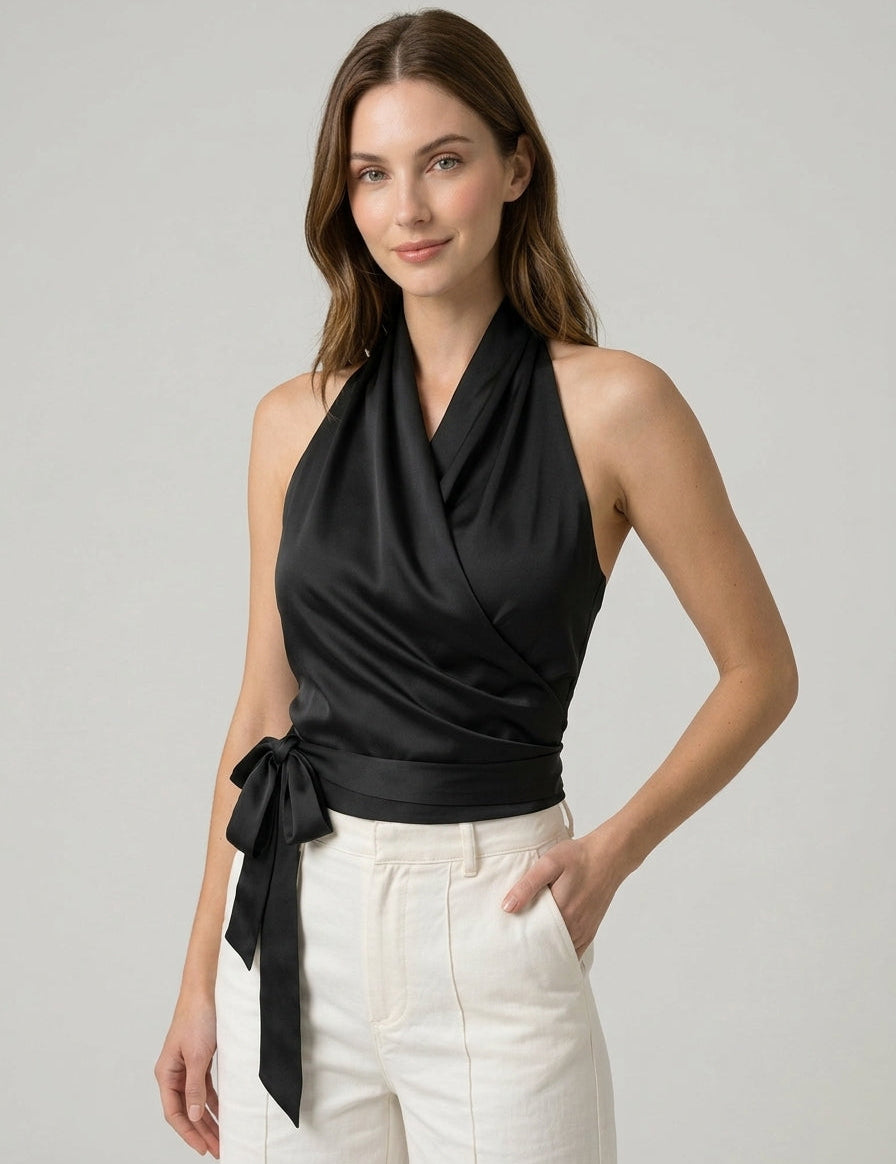 Elena Ricci | Elegant satin top til kvinder med asymmetrisk halterneck