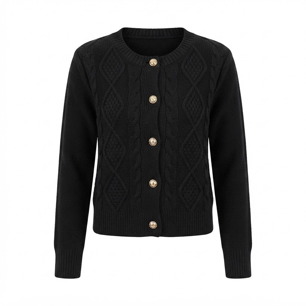 Katja Dam | Navy blue cardigan with buttons and cable knit