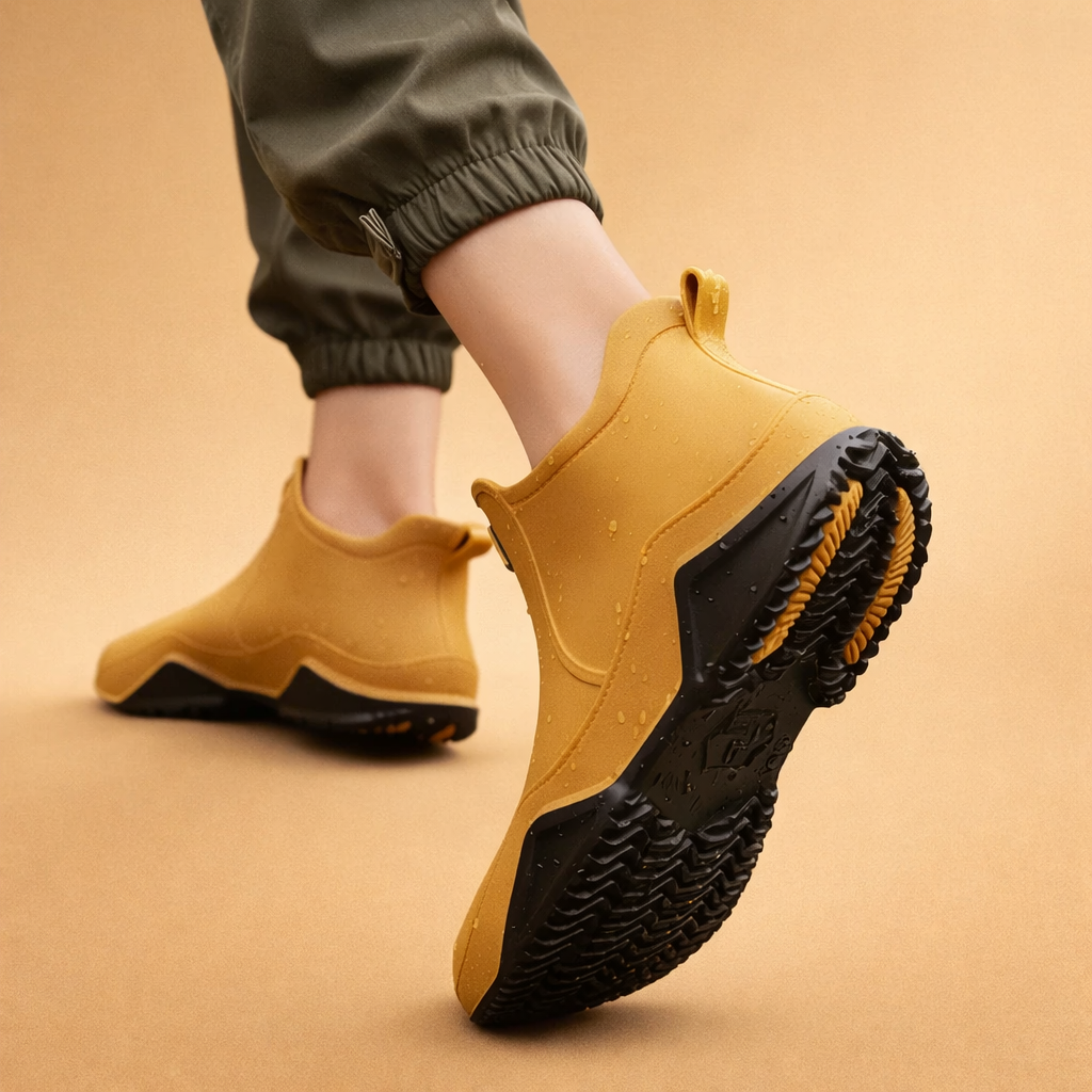mustard-yellow-waterproof-ankle-boots-walking-pose-studio-model-shot.png
